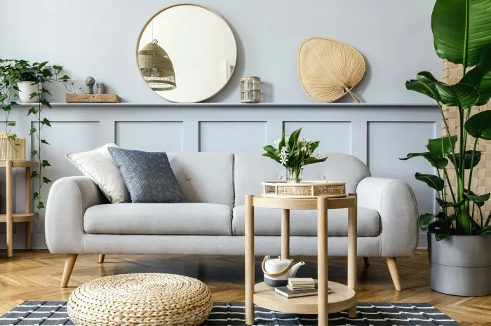 Cermin Dinding Bundar Boho untuk Ruang Tamu Bertema Natural