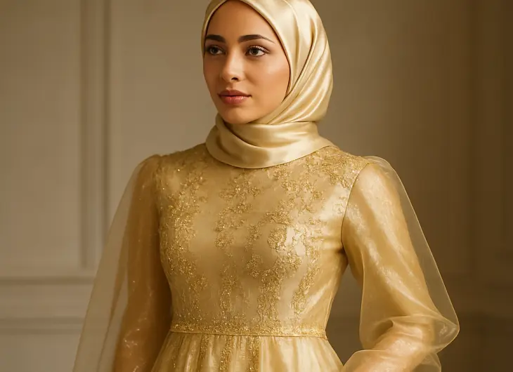 Gamis Organza Aksen Gold Mewah