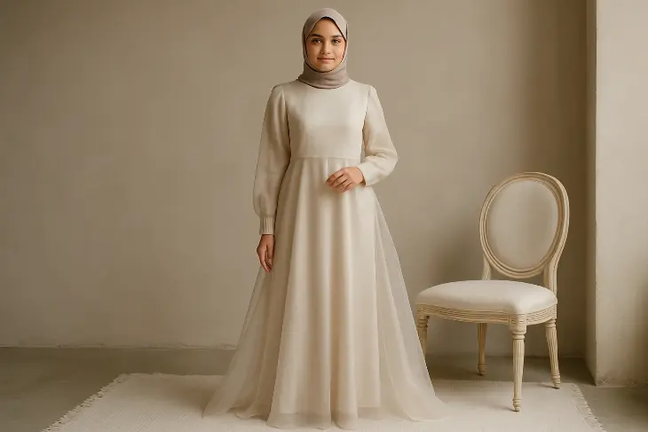 Gamis Organza Warna Netral yang Classy