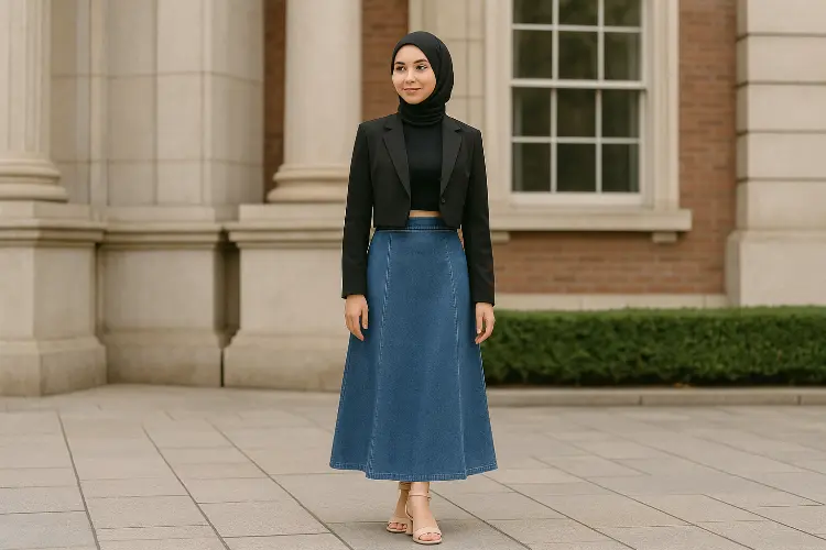 Blazer Crop Top dan Rok Jeans - Semi Formal Chic