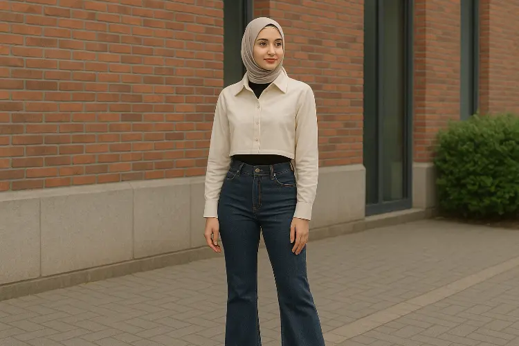 Kemeja Crop Top dan Jeans Cutbray - Smart Casual